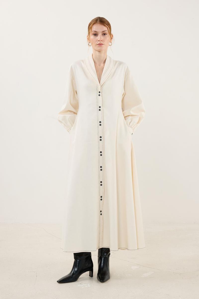 Kontrast Düğmeli Elbise Ekru