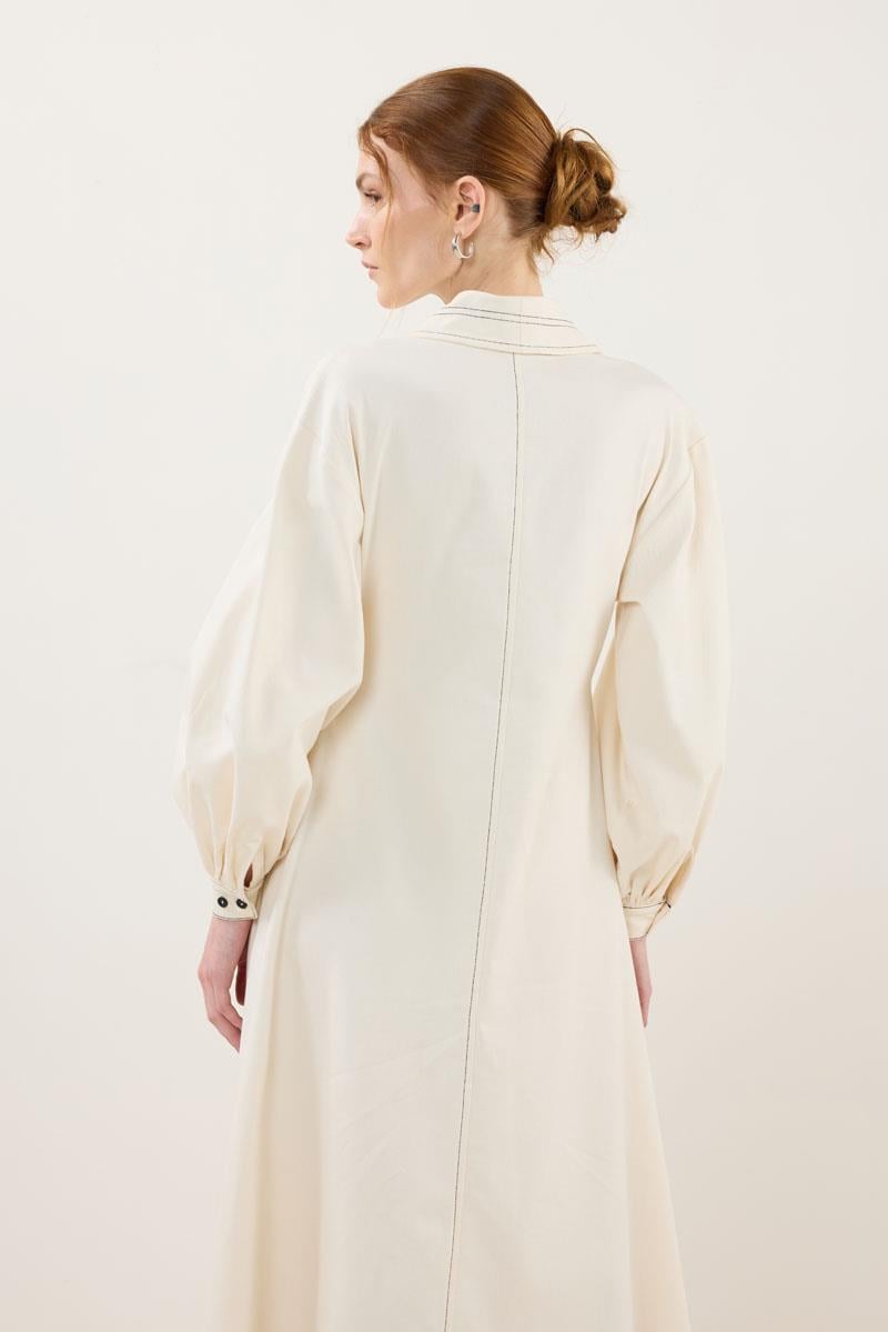 Kontrast Düğmeli Elbise Ekru