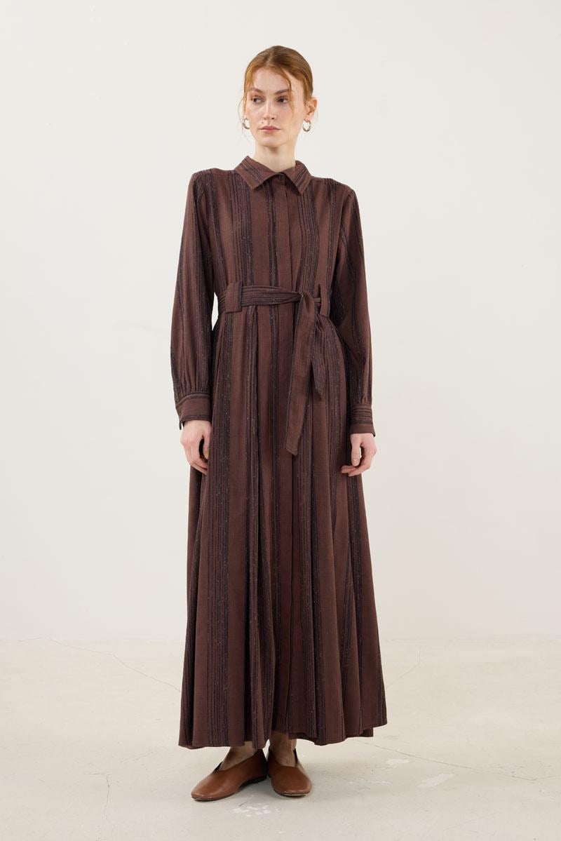 Köprü Detaylı Çizgili Elbise Acı kahve