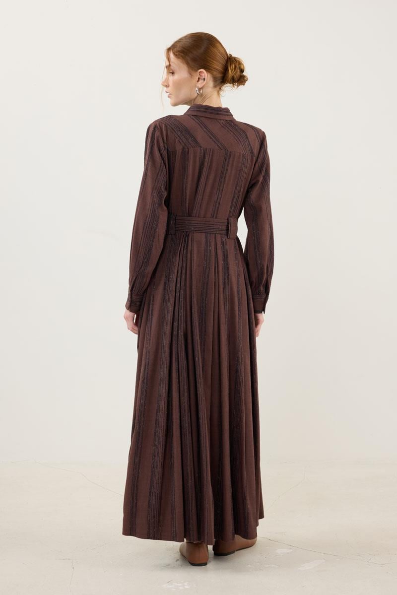 Köprü Detaylı Çizgili Elbise Acı kahve