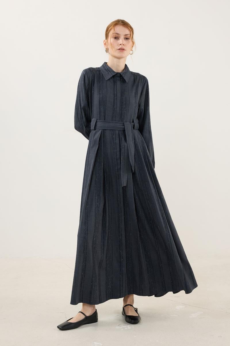 Köprü Detaylı Çizgili Elbise Füme