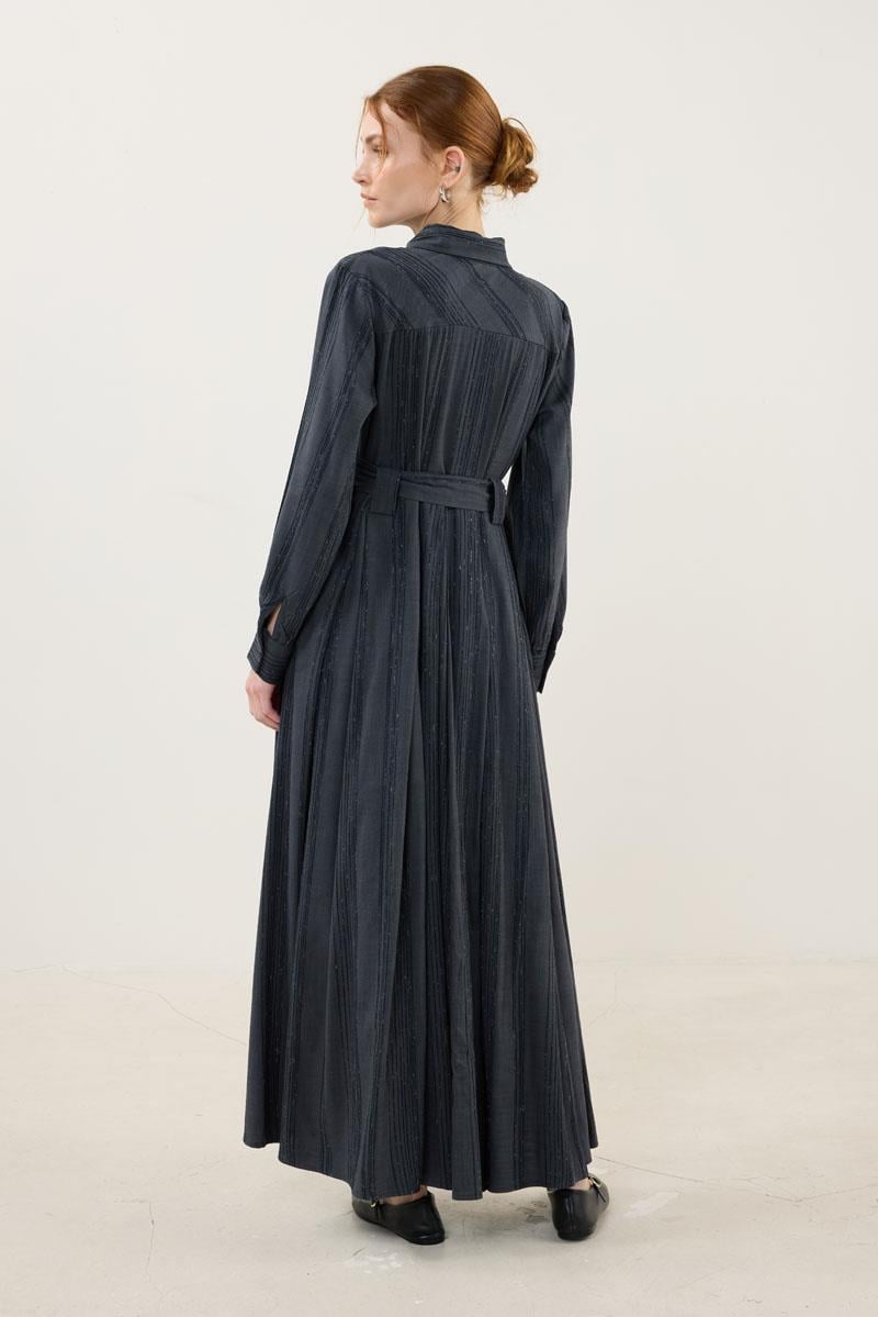 Köprü Detaylı Çizgili Elbise Füme