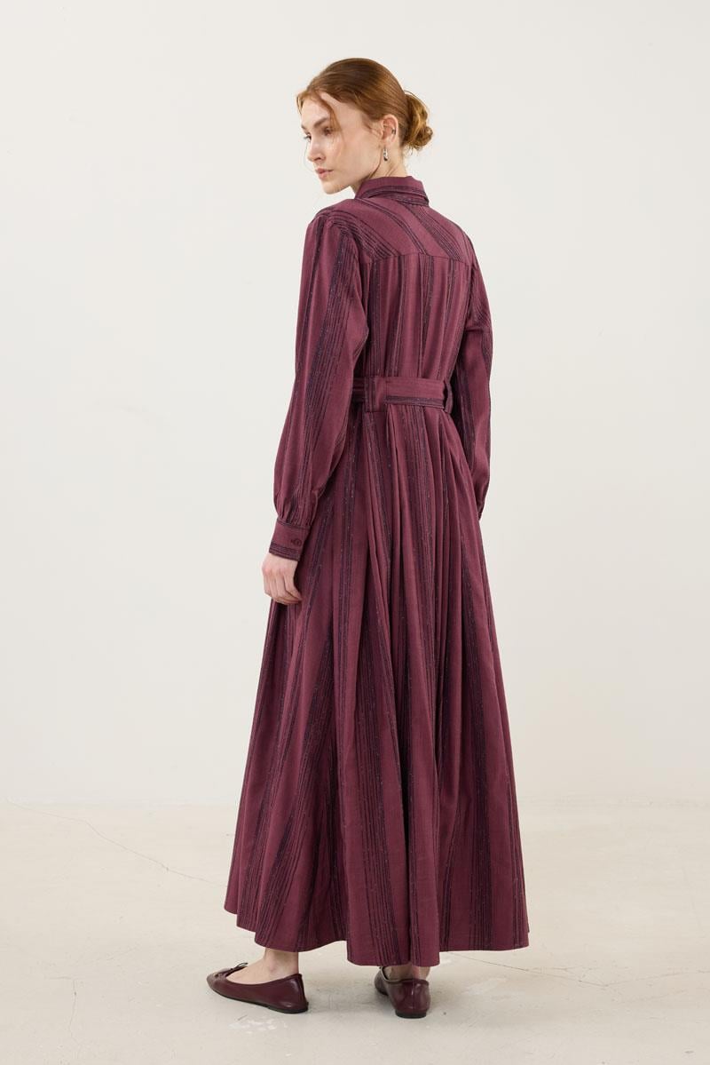 Köprü Detaylı Çizgili Elbise Mürdüm