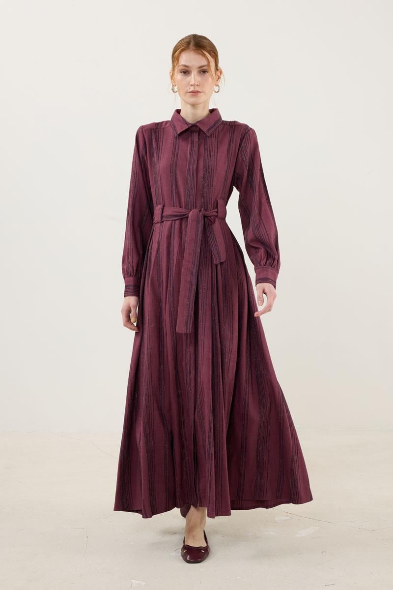 Köprü Detaylı Çizgili Elbise Mürdüm