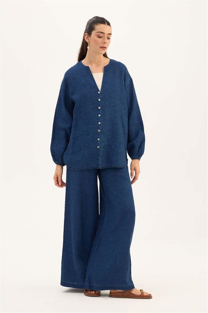 Lacivert %100 Keten Denim Bluz, Pantolon Takım