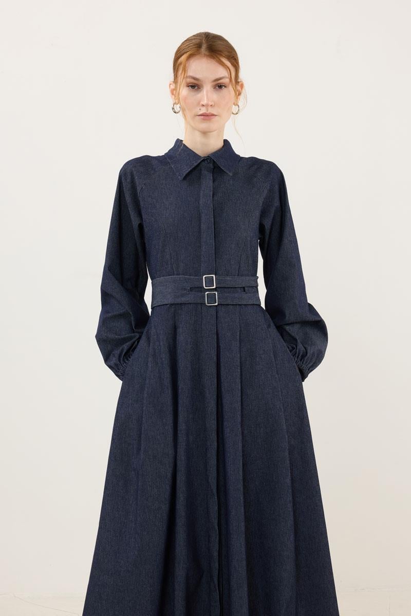 Metal Tokalı Kot Elbise Lacivert