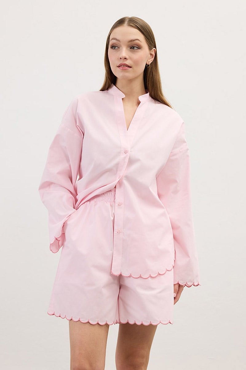 Nakışlı Pamuk Pijama Şort Pudra