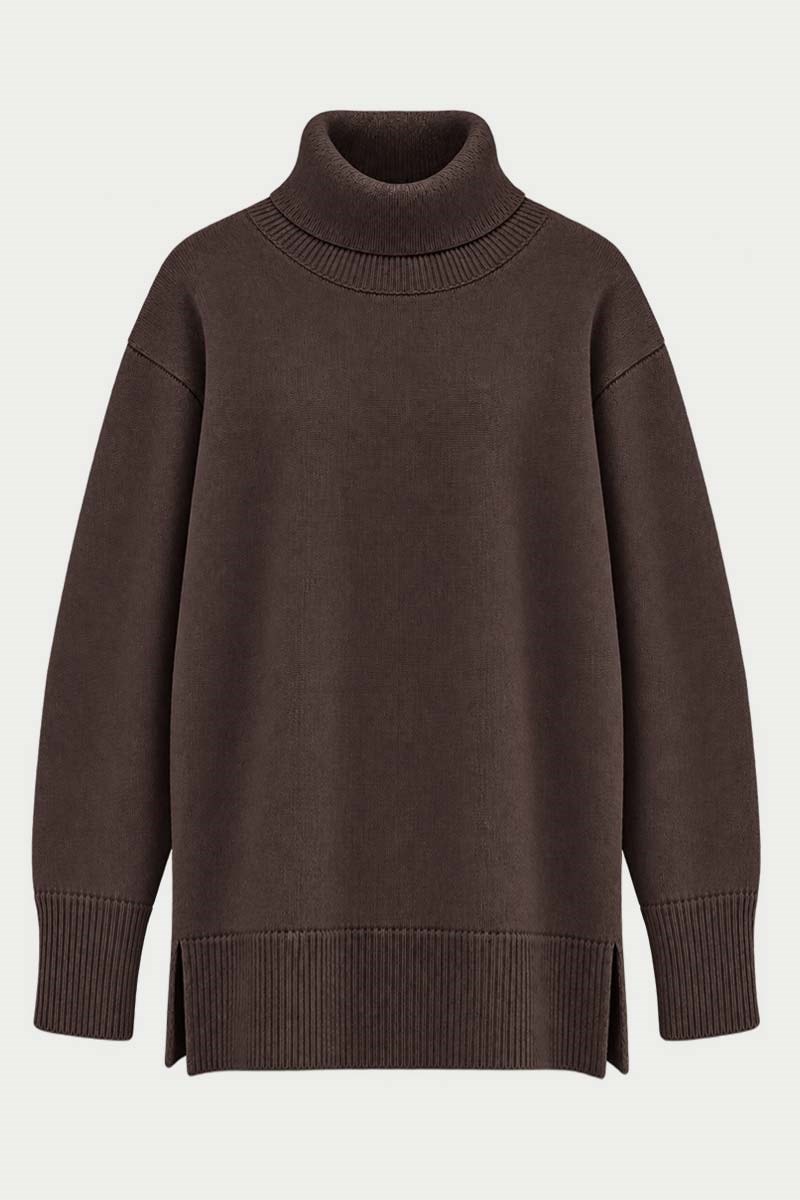 Oversize Balıkçı Yaka Triko Tunik Acı kahve