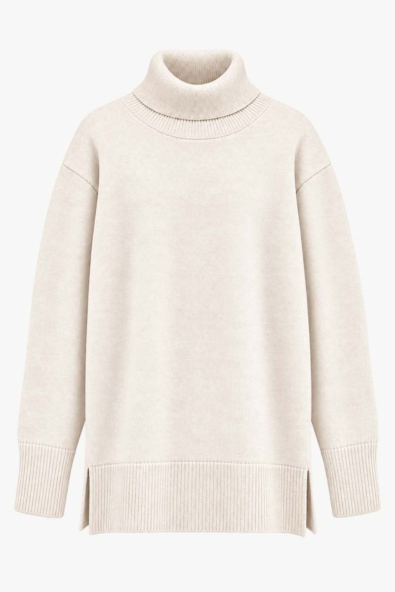 Oversize Balıkçı Yaka Triko Tunik Ekru