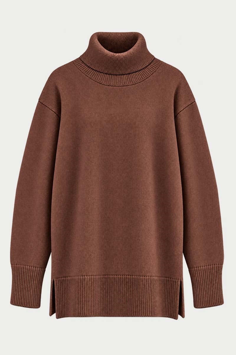 Oversize Balıkçı Yaka Triko Tunik Kızıl Kahve