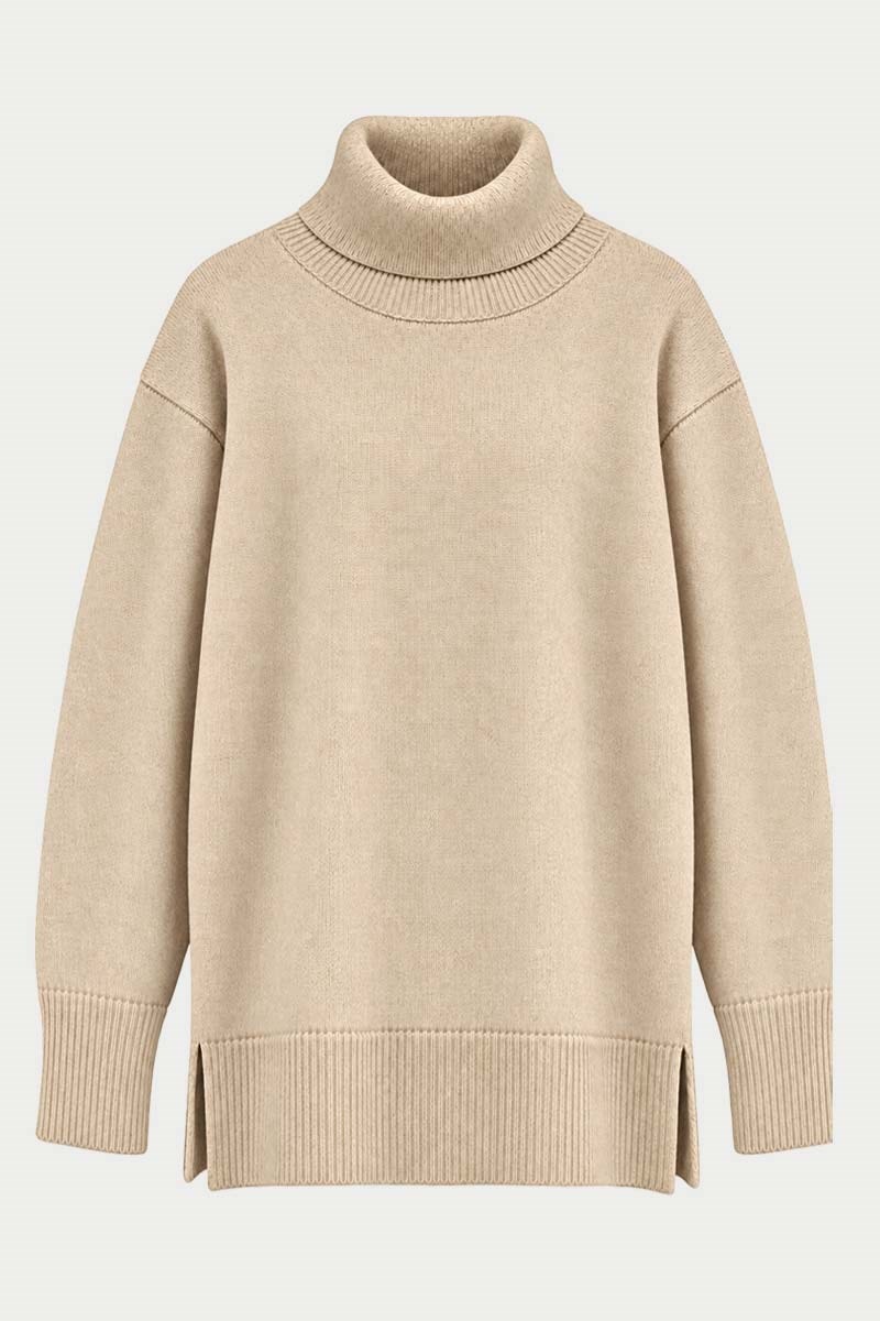 Oversize Balıkçı Yaka Triko Tunik Krem