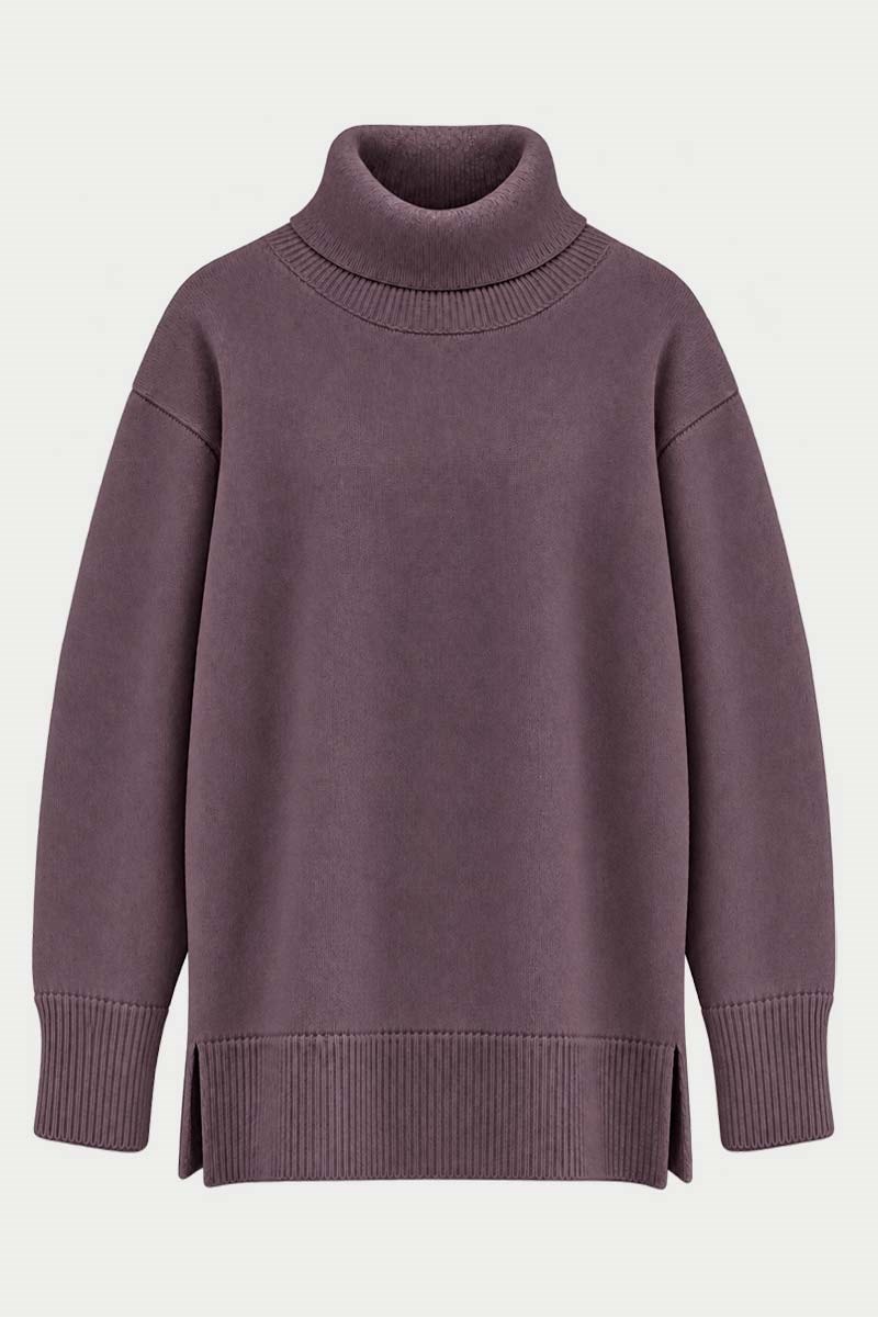 Oversize Balıkçı Yaka Triko Tunik Mürdüm