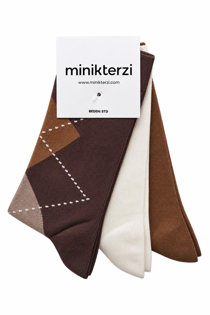 Pamuklu 3'lü Baklava Desen Soket Çorap Seti Acı Kahve - Düz Krem - Camel