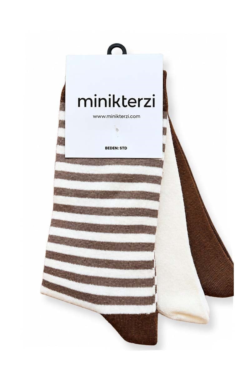 Pamuklu 3'lü Soket Çorap Seti Camel- Krem- Çizgili