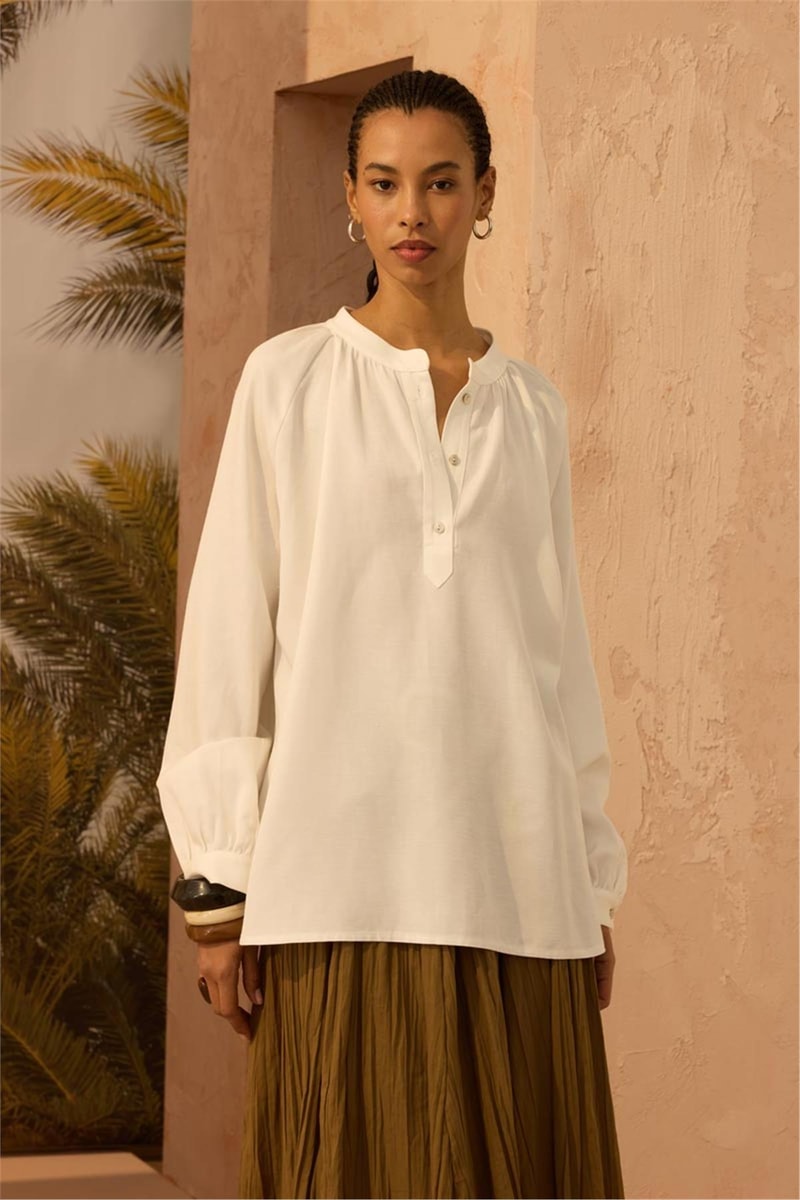 Reglan Kollu Keten Bluz Ekru