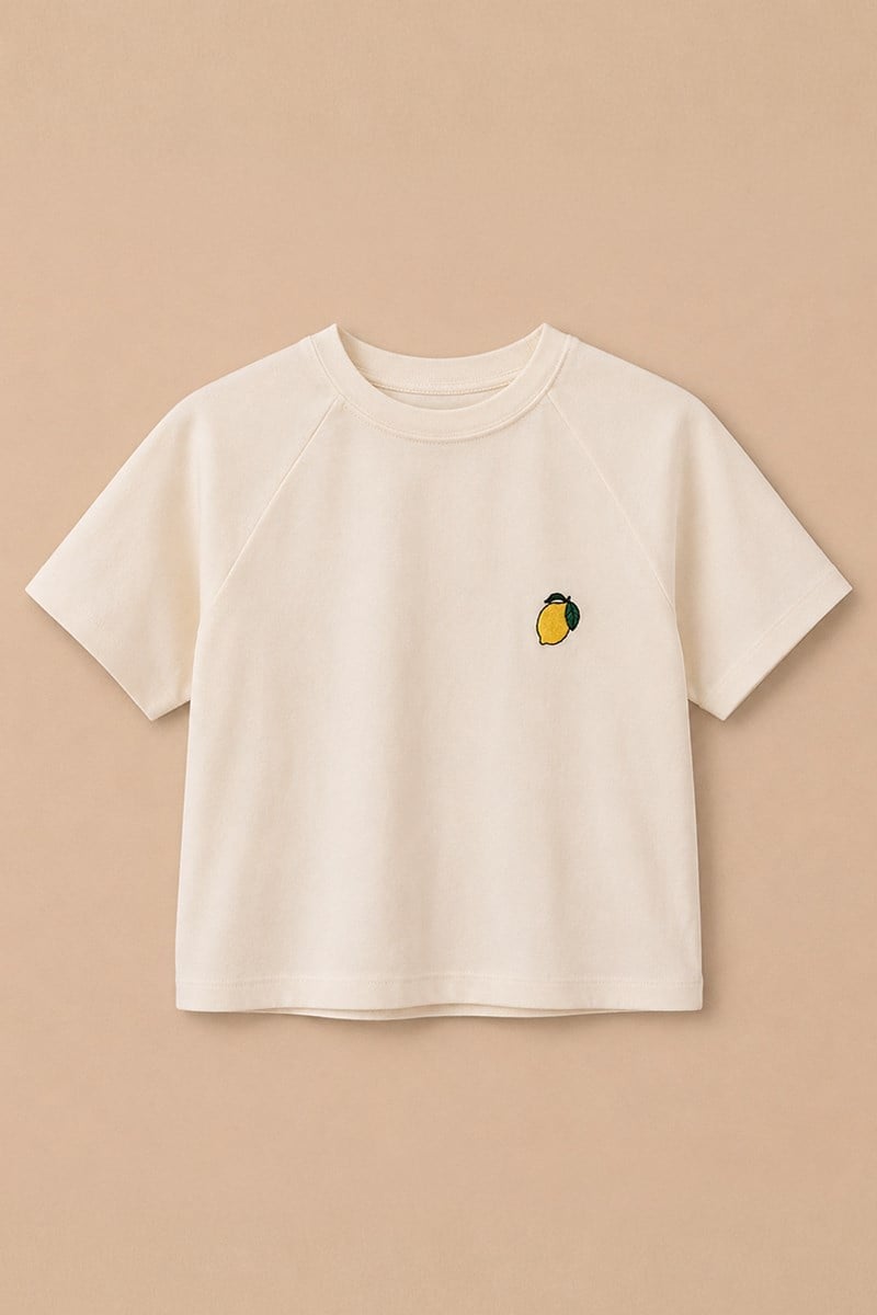 Reglan Kollu Nakışlı Çocuk Tshirt Ekru-Limon Nakışlı