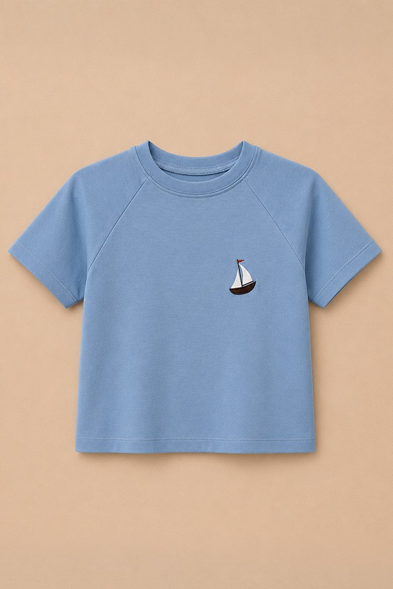 Reglan Kollu Nakışlı Çocuk Tshirt Mavi-Yelken Nakışlı