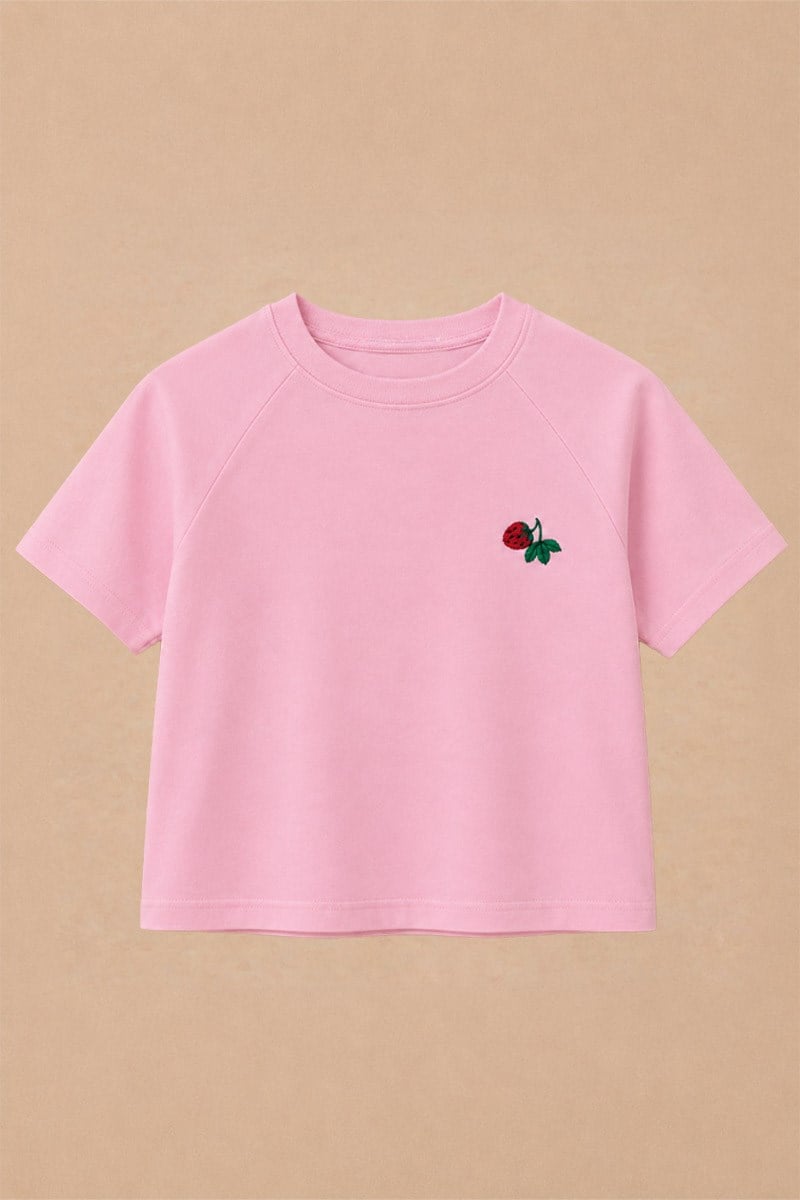Reglan Kollu Nakışlı Çocuk Tshirt Pembe-Çilek Nakışlı