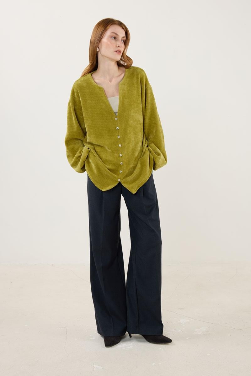 Sedef Düğmeli Kazak Asit Yeşili