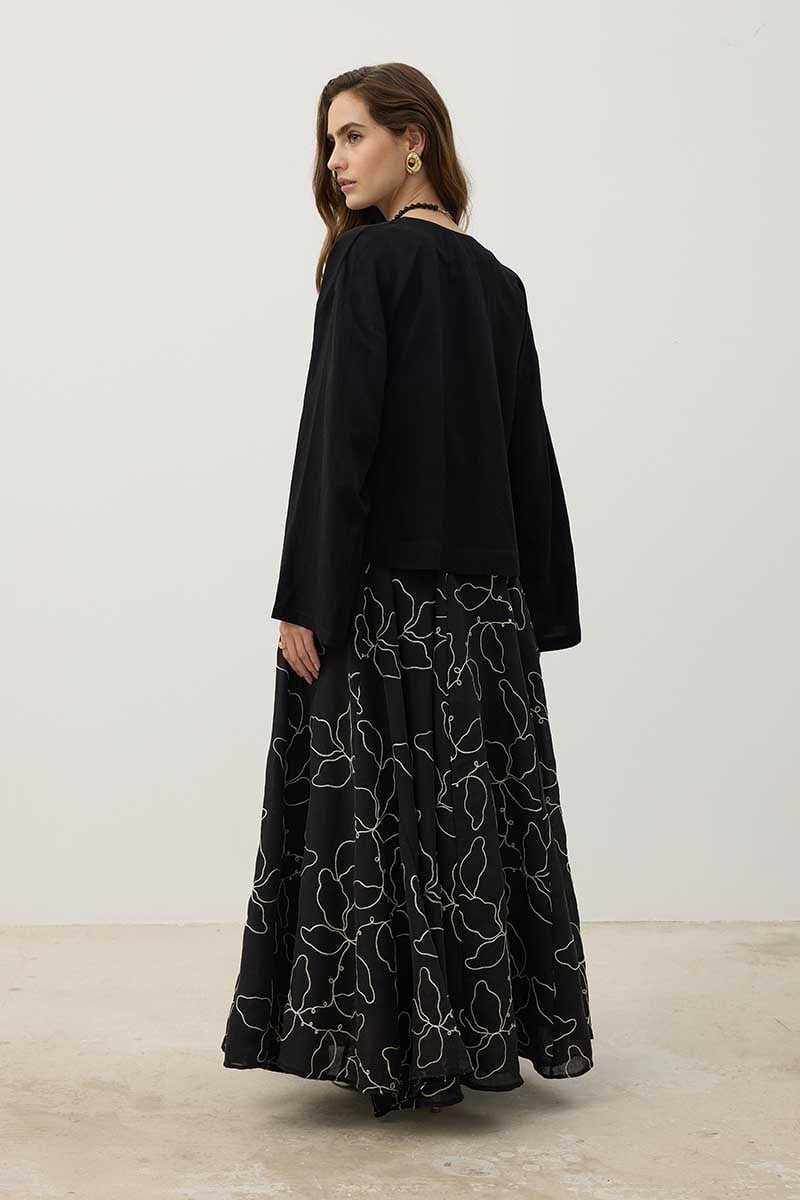 Sedef Düğmeli Keten Kimono Siyah