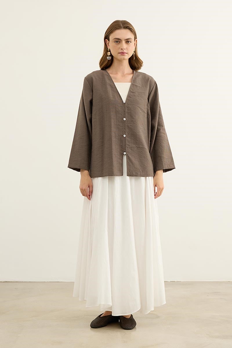 Sedef Düğmeli Kimono Koyu Vizon
