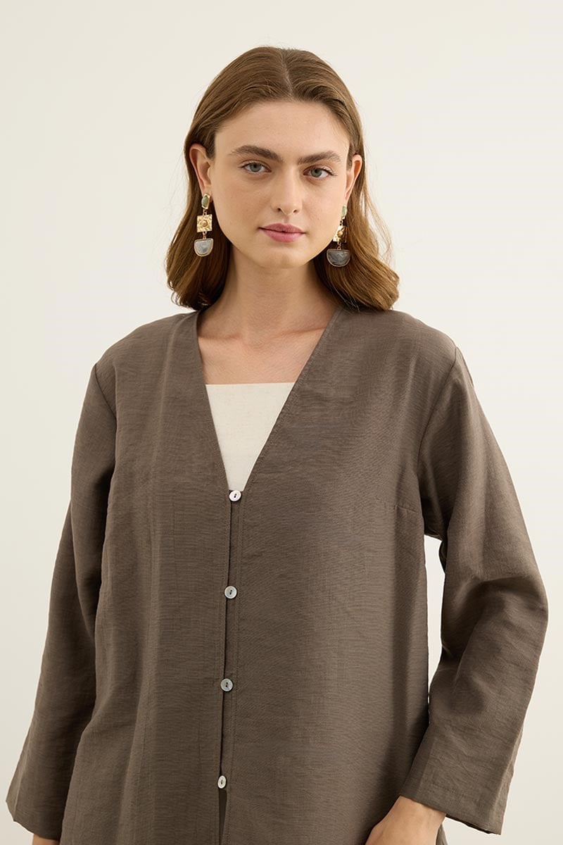 Sedef Düğmeli Kimono Koyu Vizon