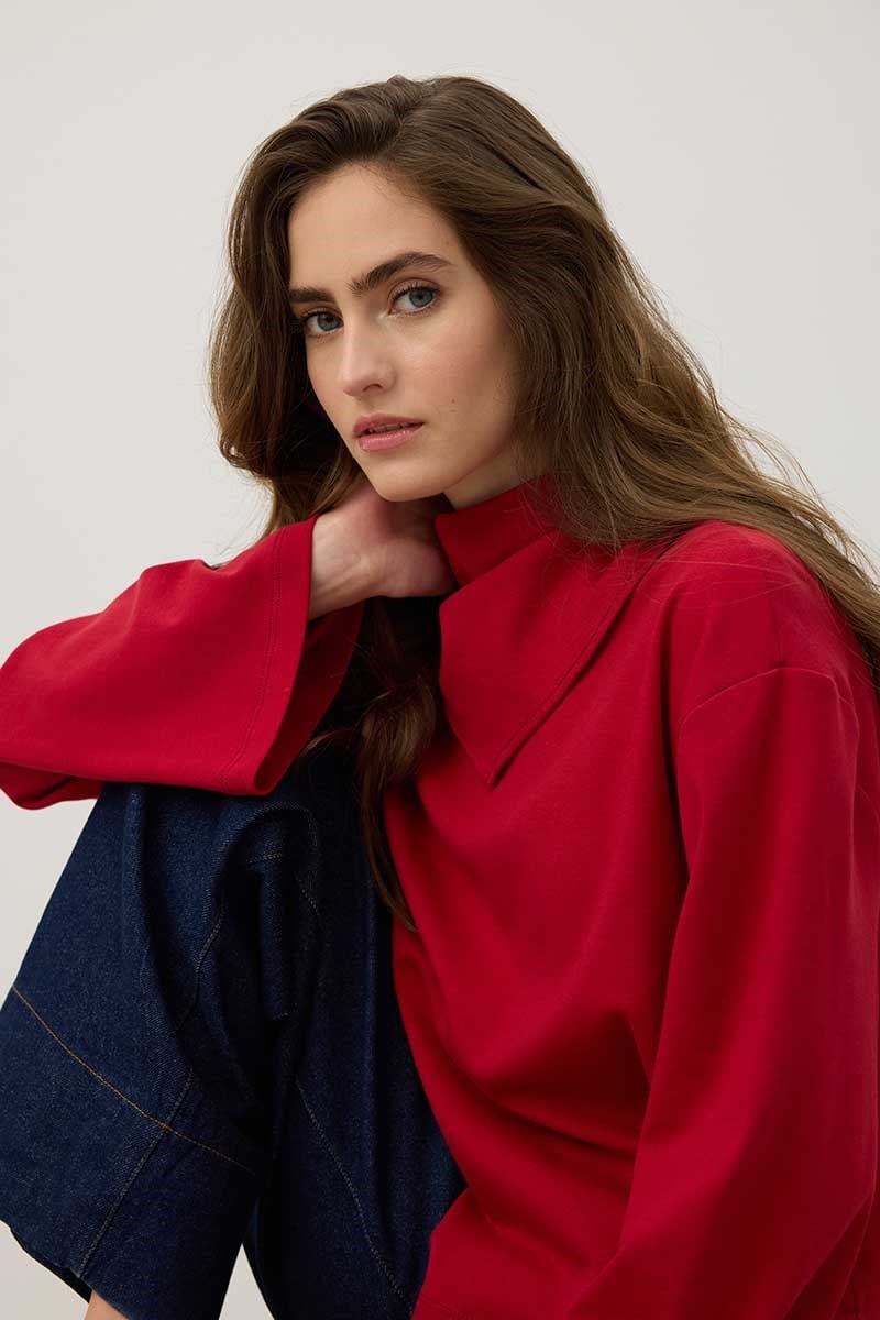 Seyyar Parçalı %100 Pamuk Sweatshirt Kırmızı