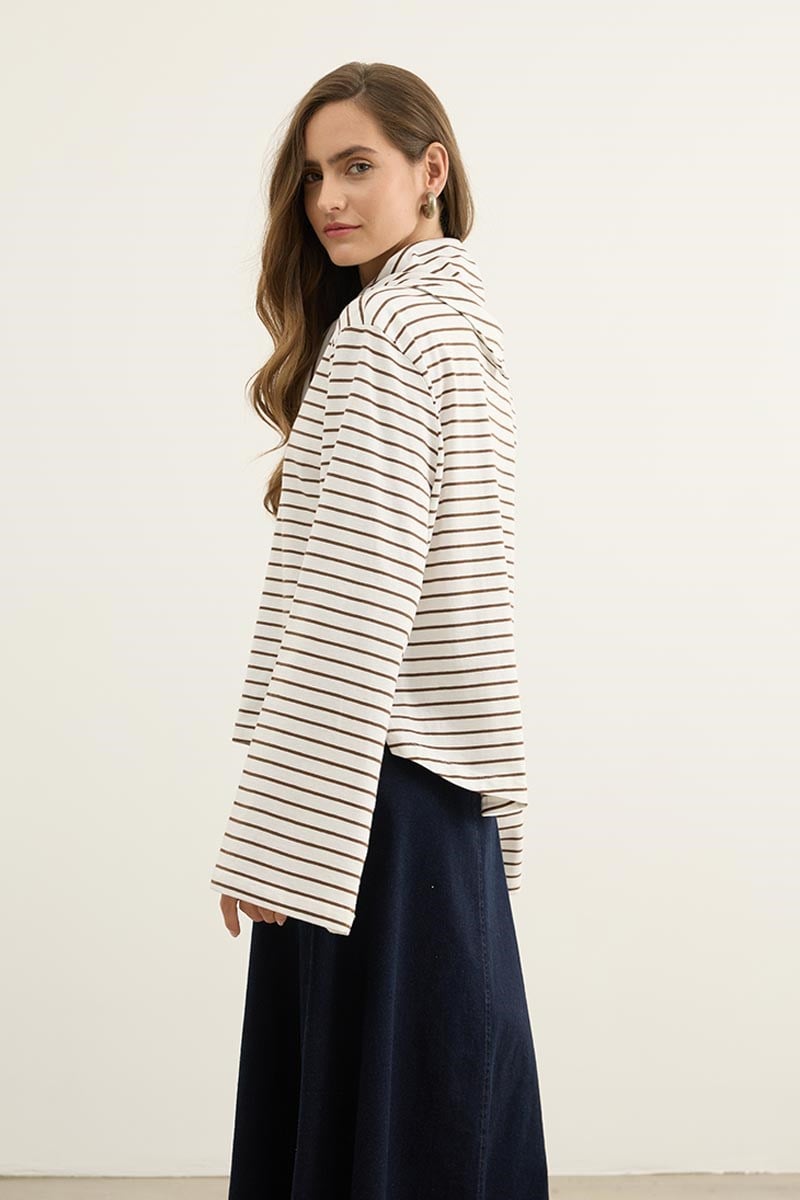 Seyyar Parçalı Çizgili Sweatshirt Kahverengi