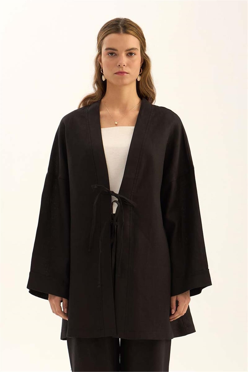 Siyah %100 Keten Kimono, Palazzo Pantolon Takım