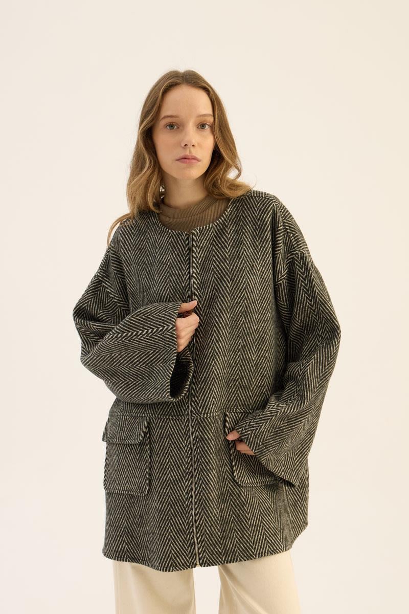 Tüylü Balıksırtı Desen Ceket