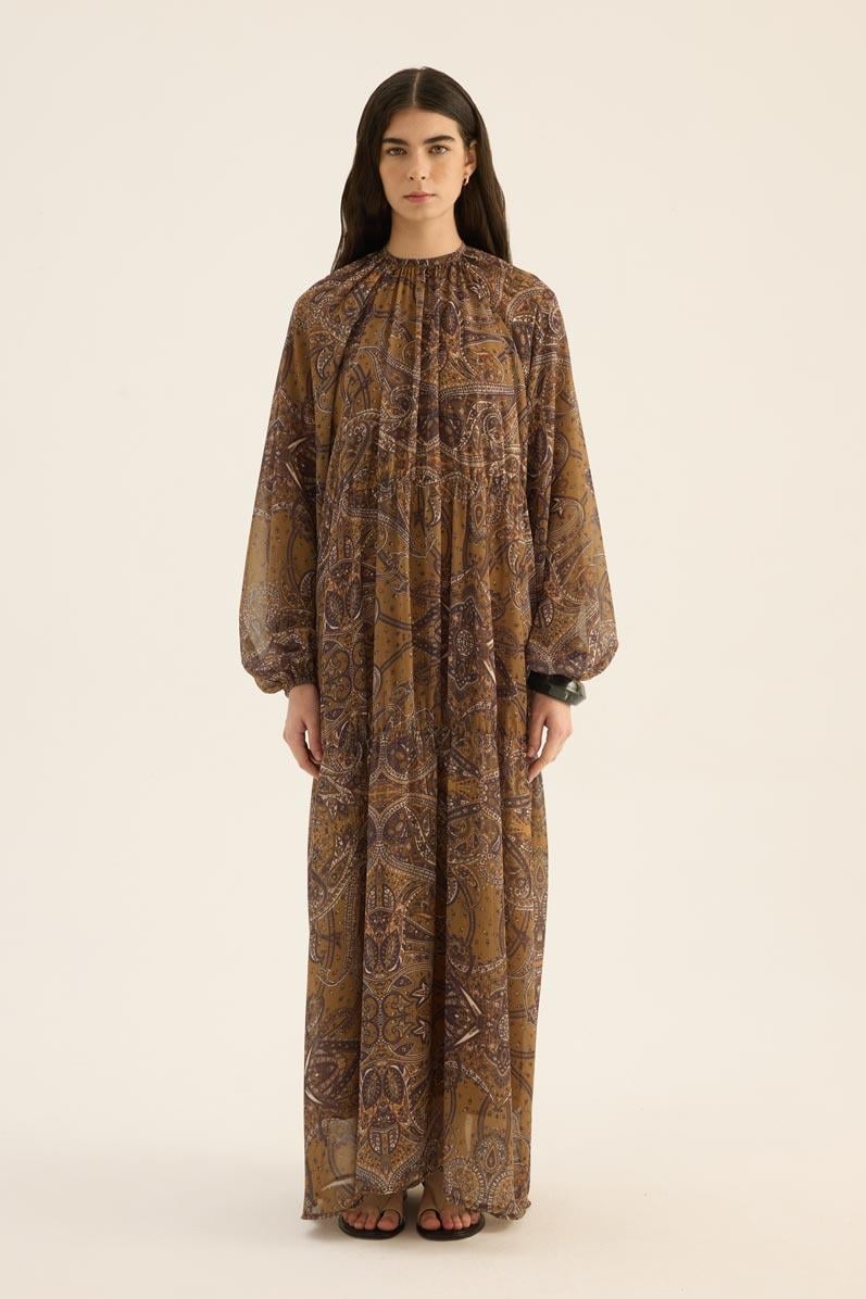 Üç Katlı Şifon Elbise Zeytin yeşili