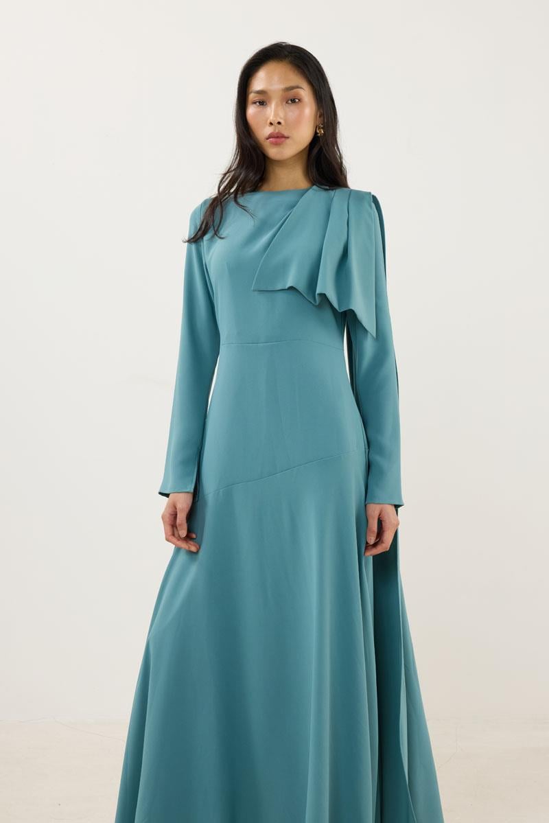 Verev Kesimli Abiye Elbise Koyu Mint