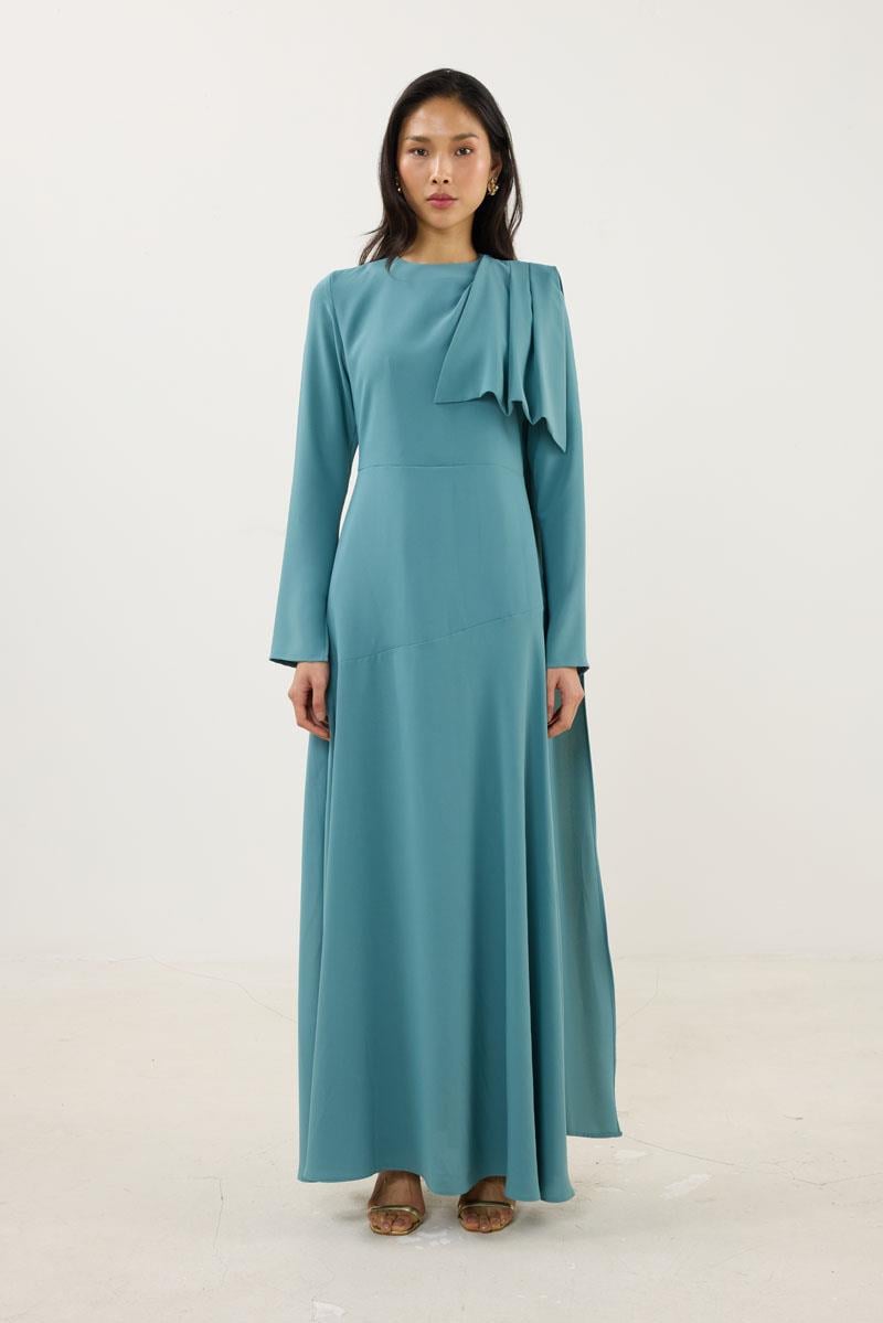 Verev Kesimli Abiye Elbise Koyu Mint