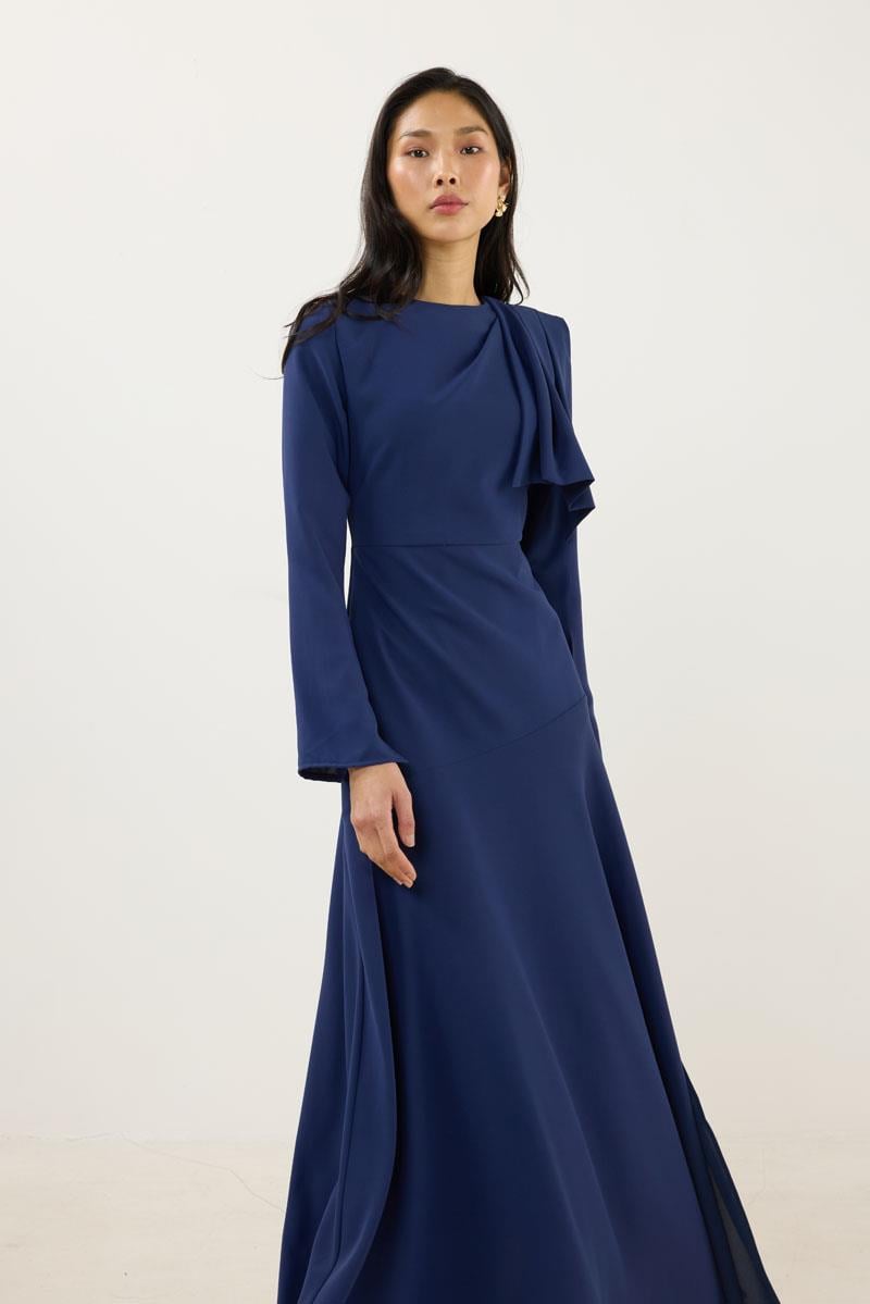 Verev Kesimli Abiye Elbise Lacivert