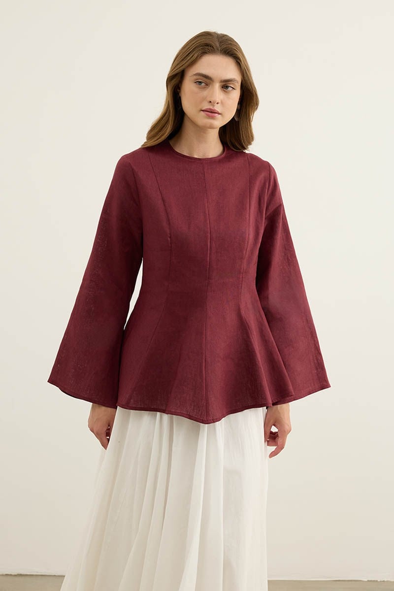 Volanlı %100 Keten Bluz Bordo