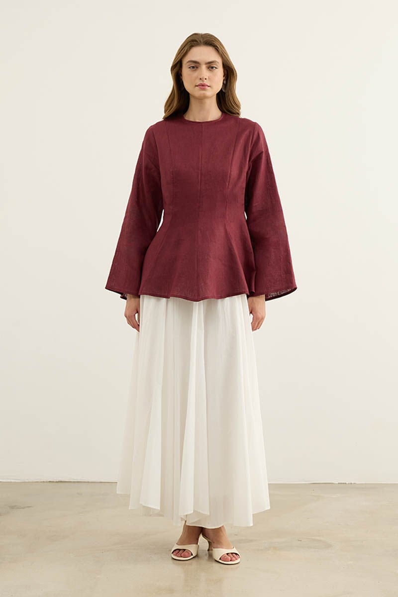 Volanlı %100 Keten Bluz Bordo