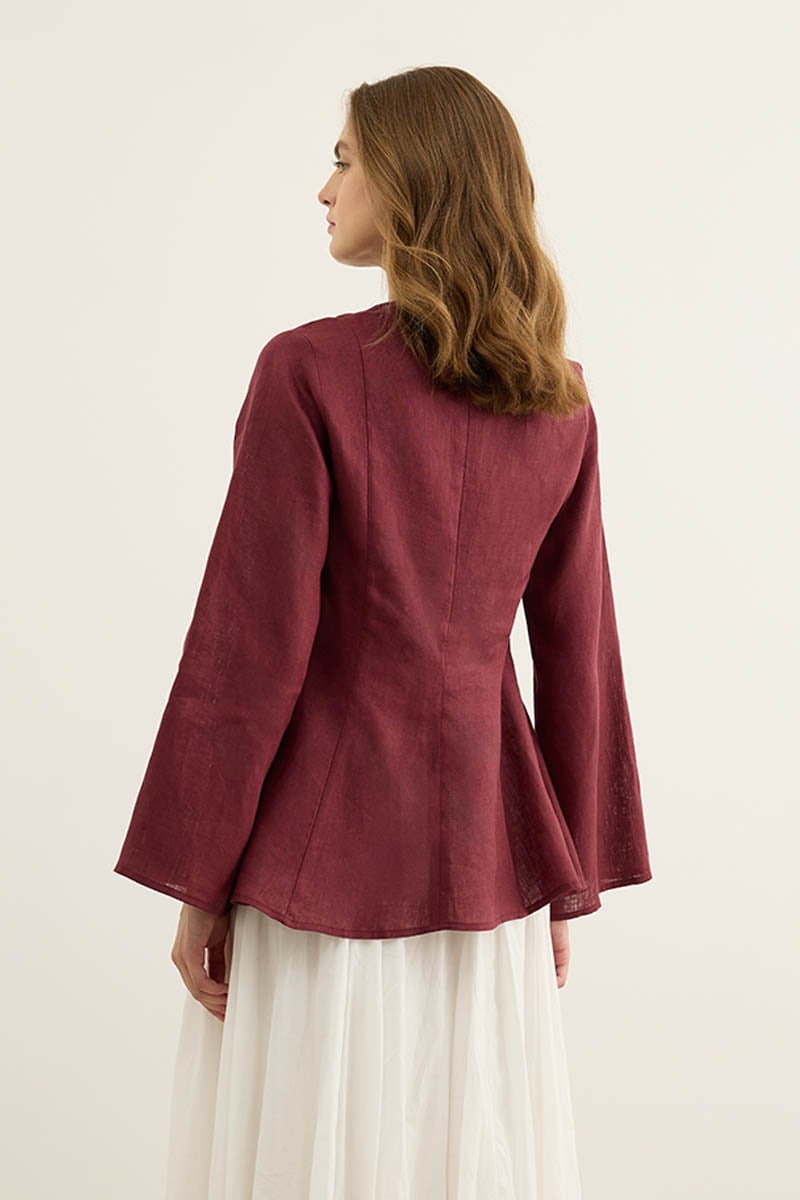 Volanlı %100 Keten Bluz Bordo