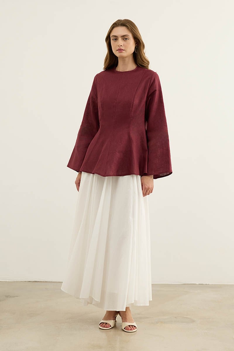 Volanlı %100 Keten Bluz Bordo