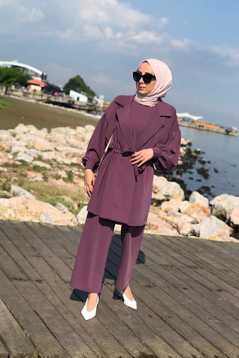 Trend Ceket Pantolon İç Tunik Takım Mor