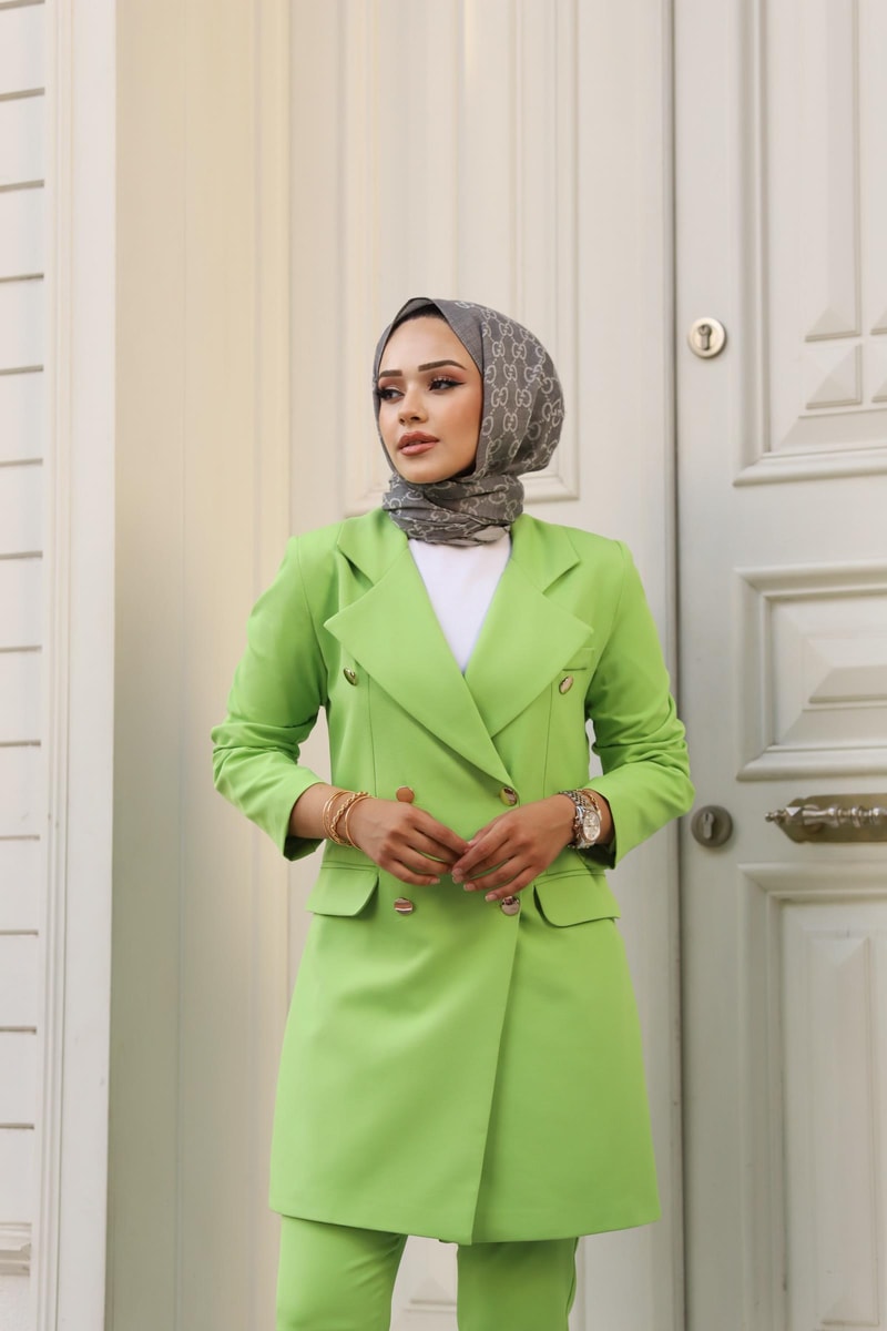 Vücuda Oturan Kruvaze Blazer Takım Uzun- FISTIK YEŞİLİ