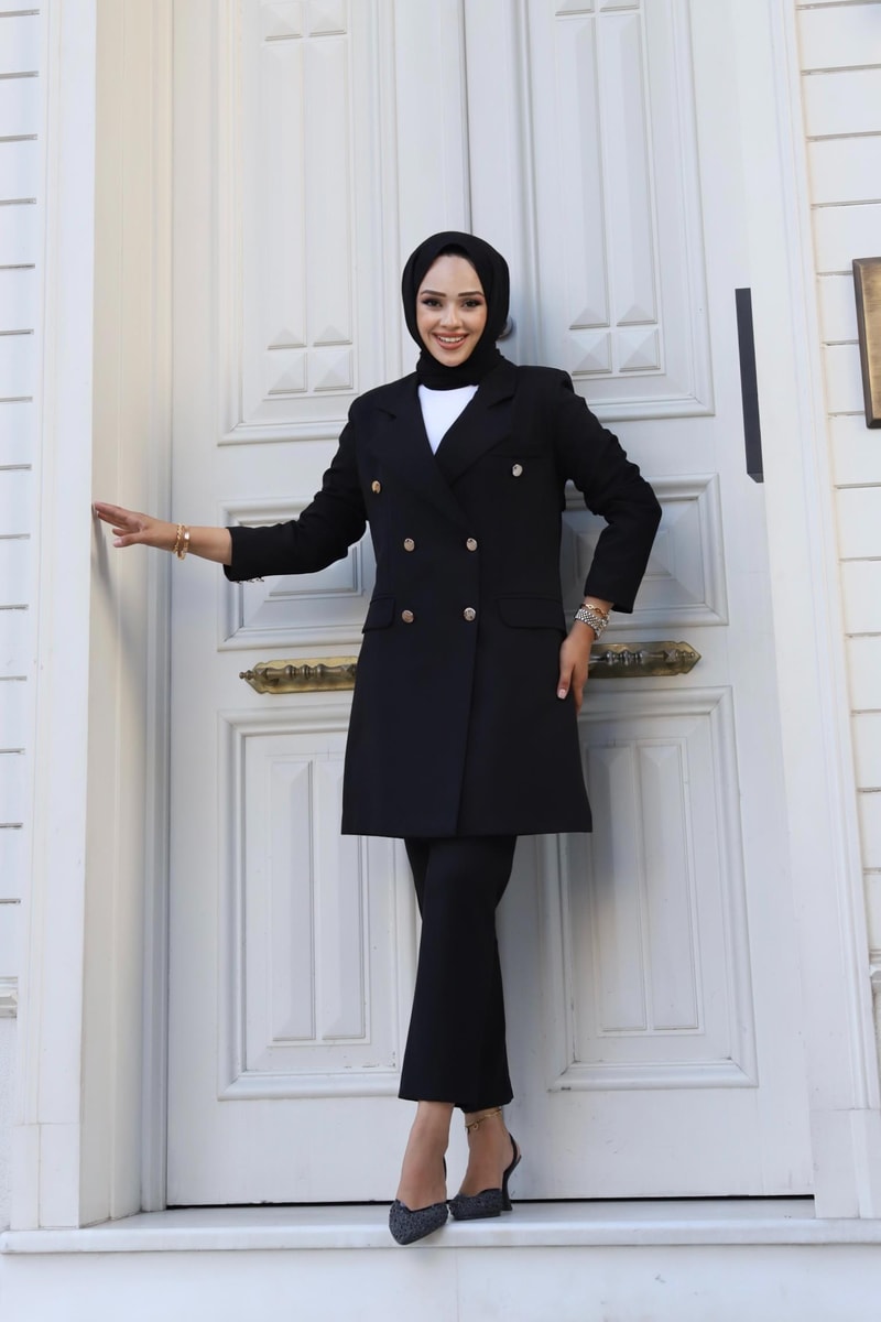 Vücuda Oturan Kruvaze Blazer Takım Uzun- SİYAH