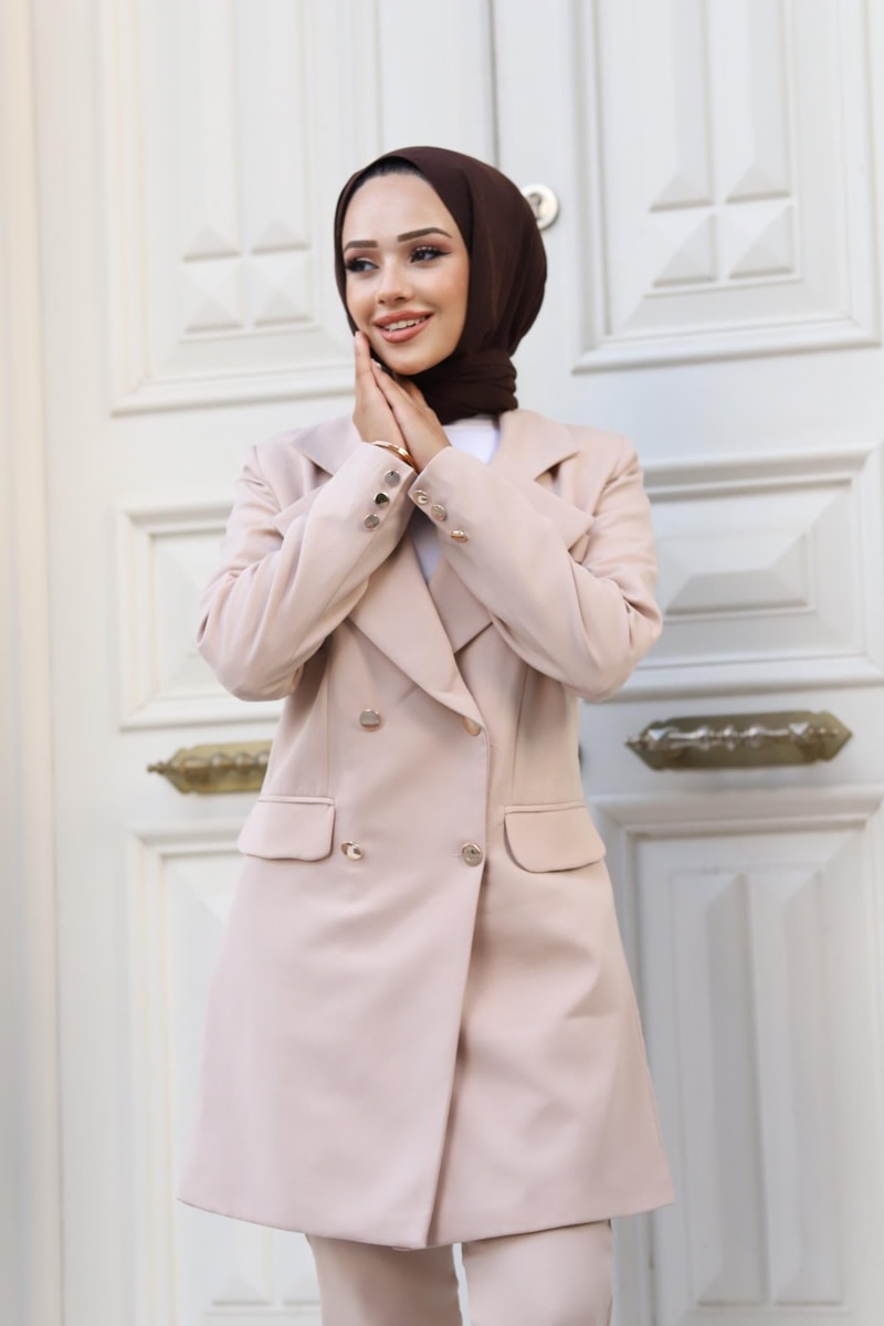 Vücuda Oturan Kruvaze Blazer Takım Uzun- TAŞ