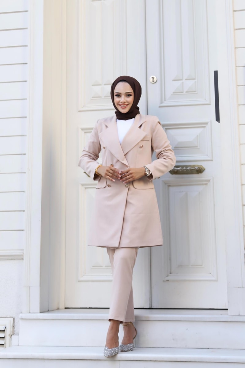 Vücuda Oturan Kruvaze Blazer Takım Uzun- TAŞ