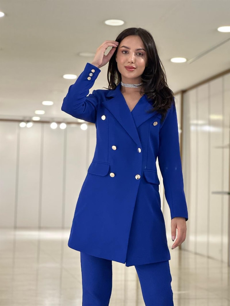 Vücuda Oturan Kruvaze Blazer Takım Uzun- SAKS