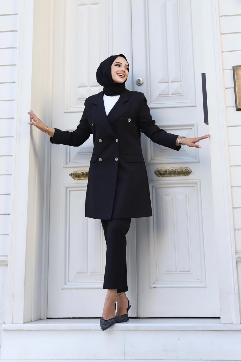 Vücuda Oturan Kruvaze Blazer Takım Uzun- SİYAH