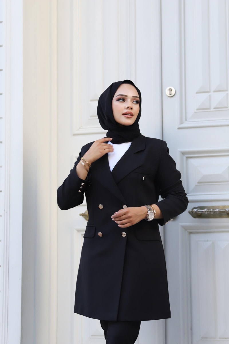 Vücuda Oturan Kruvaze Blazer Takım Uzun- SİYAH