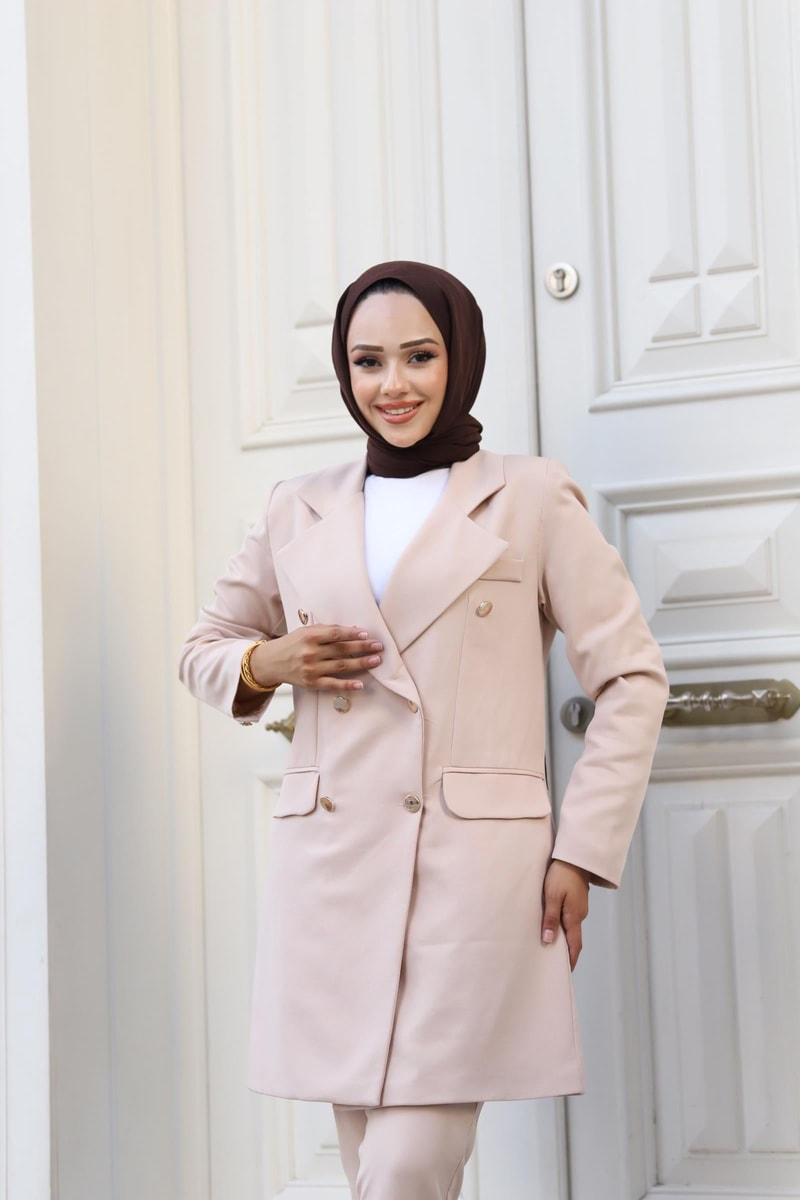 Vücuda Oturan Kruvaze Blazer Takım Uzun- TAŞ