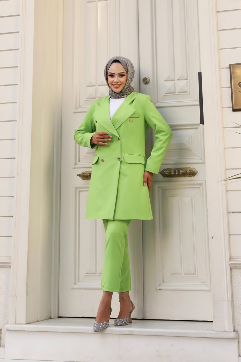 Vücuda Oturan Kruvaze Blazer Takım Uzun- FISTIK YEŞİLİ