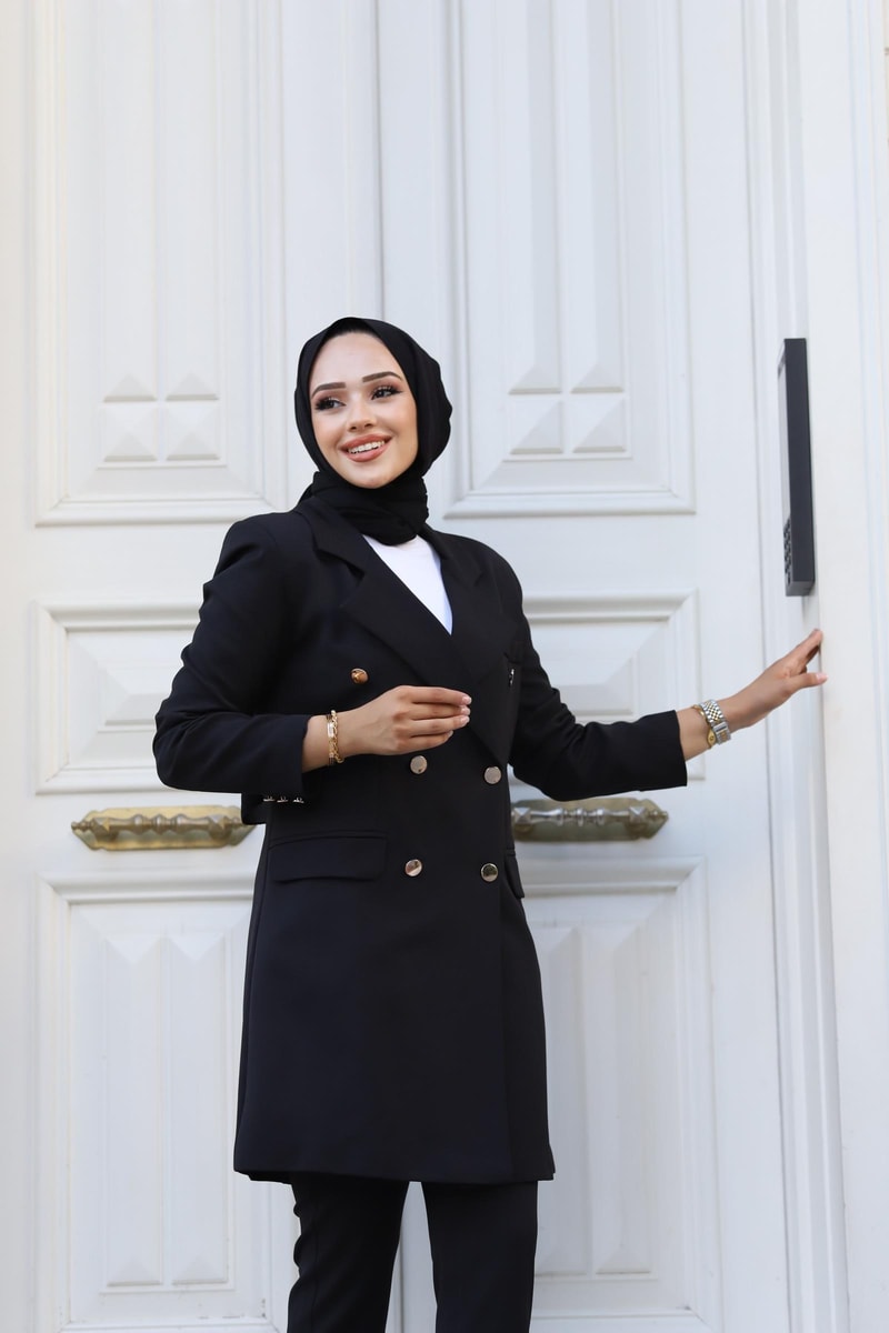 Vücuda Oturan Kruvaze Blazer Takım Uzun- SİYAH