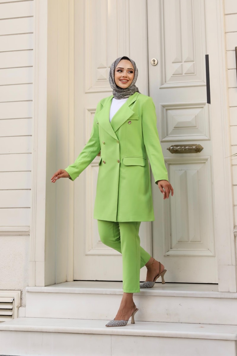 Vücuda Oturan Kruvaze Blazer Takım Uzun- FISTIK YEŞİLİ